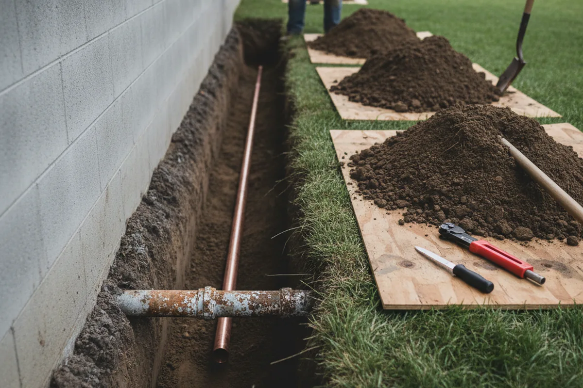 Excavated water line trench during Water Softener Installation in Gates